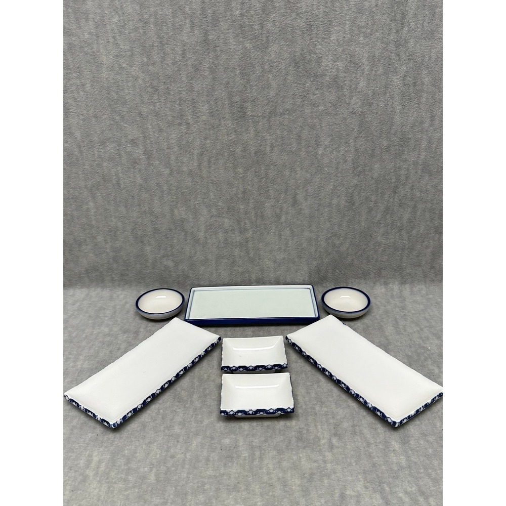 Pier 1 Imports Sushi Serving Set White Blue Ceramic 7 Piece Platter Bowls